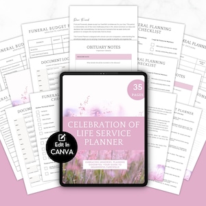May include: A digital tablet displaying a pink and white floral design with the text "Celebration of Life Service Planner" and "Embracing Memories, Planning Goodbyes, Your Guide to Meaningful Farewells". The tablet is surrounded by several printed pages with titles such as "Funeral Budget", "Obituary Notes", "Funeral Planning Checklist", and "Meal Planner".