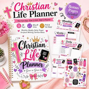 Christian Life Planner | Printable Faith Planner, Prayer Journal, Bible Study Pages, Scripture Writing, Sermon Notes + Bonus Sticker Sheet