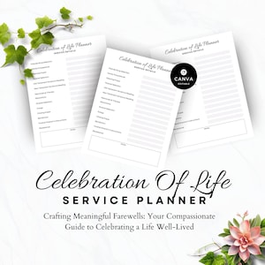 May include: Three white Celebration of Life Service Planner sheets with a floral and leaf background. The planner includes sections for service details, such as prelude song selection, opening prayer, and eulogy. The text "Celebration Of Life SERVICE PLANNER" is displayed.