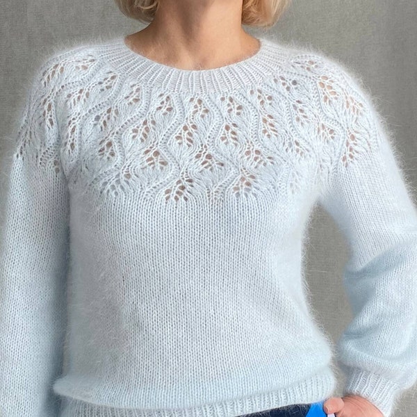 White Angora Sweater for Women, Fluffy Knit for Cozy Evenings, Plus size hand knitted sweater, angora lace sweater
