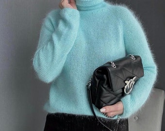 ARAGONA 売れ筋商品|||アラゴナ ニット&セーター アウター レディース Turtlenecks Blue A'GEM/9 × .kom『ACOVER/オコボ』CROPFIT TURTLE NECK LONG