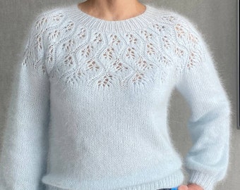 White Angora Sweater for Women, Fluffy Knit for Cozy Evenings, Plus size hand knitted sweater, angora lace sweater