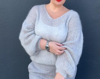 Soft gray Mohair Sweater | Hand Knit Fluffy Jumper Oversized V Neck Sweater | Cozy Knit Gift for Her