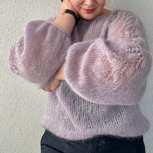 Mohair sweater, purple casual sweater, Lace long sleeve sweater, Fuzzy sweater, Puff sleeve sweater, Women basic sweater, gift for her