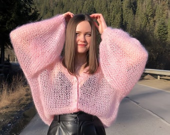 Pink Mohair Cardigan, Cropped Women Cardigan, Handmade Open Front Cardigan, Oversized cardigan for women, Wedding cape, Trendy clothes