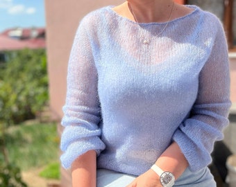 Blu Knitted Mohair Sweater, Women Sweater, Loose Knitted Sweater, Knitted Bride Sweater, Long sleeve sweater, Thin cozy sweater