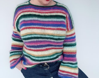 Rainbow striped mohair sweater | Colorful oversized jumper | Handcrafted merino cotton knit