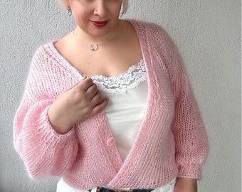 Cárdigan de mohair, Cárdigan corto mullido, Cárdigan de mohair rosa para mujer, Suéter de mohair de punto, Chaqueta de novia para mujer, Regalo para ella, Cárdigan de verano