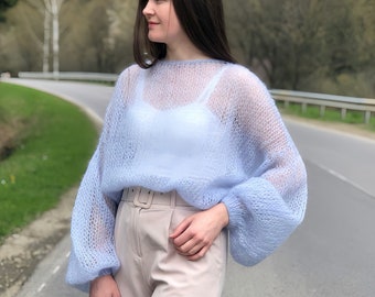 Summer Blue Mohair Sweater with Puff Sleeves, Sexy Loose Knit Crop Sweater, Oversized Fluffy Sweater, Oversized Chunky Knit, Gift for Her