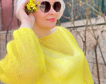 Handmade Mohair Knit Sweater with Puff Sleeves, Trendy Yellow Mohair Summer Sweater, Merino wool Sweater, spring sweater, handmade gift