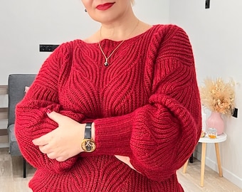 Roter Pullover aus Alpaka-Seide, handgestrickt mit Eleganz, übergroßer Pullover, handgestrickt plus, flauschiger Mohair-Pullover, Pullover mit Puffärmeln