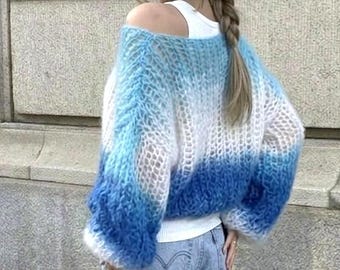Mohair ombre chunky sweater | Coffee mohair cropped sweater | Brown beige oversized pullover | Handmade sweater