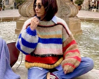 Handmade Colorful Mohair Sweater| Rainbow Striped Knit | Cozy Boho Retro Pullover