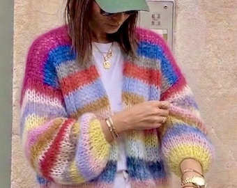 Striped Mohair Cardigan Women | Fluffy Mohair Knit Cardigan | Soft Handmade Cardigan
