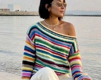 Rainbow striped mohair sweater | Colorful oversized jumper | Handcrafted merino cotton knit