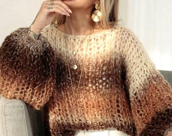 Mohair ombre chunky sweater | Coffee mohair cropped sweater | Brown beige oversized pullover | Handmade sweater