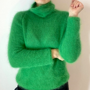 Аngora sweater, Wool turtleneck knit sweater for women, Fall hand knit sweater, Green Fluffy angora sweater, angora wool sweater image 7