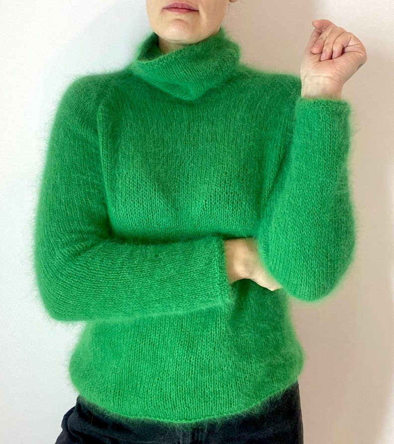 Аngora sweater, Wool turtleneck knit sweater for women, Fall hand knit sweater, Green Fluffy angora sweater, angora wool sweater image 7