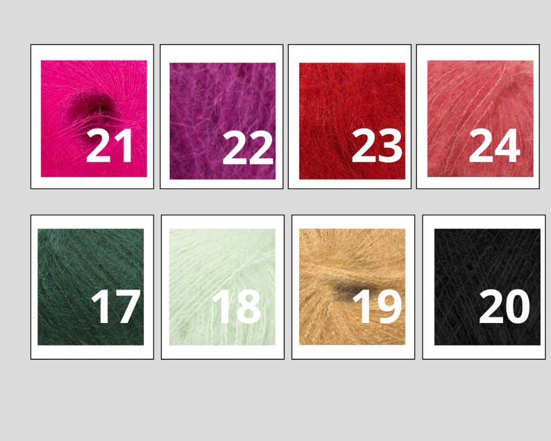 May include: A collection of eight vibrant yarn samples, each displayed in a square frame. The colors include shades of pink, purple, red, and peach, along with green, light green, tan, and black. Each sample is labeled with a white number.