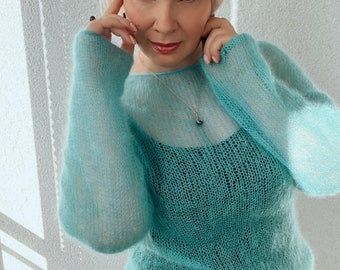 Mint Knitted Mohair Sweater, Women Sweater, Loose Knitted Sweater, Knitted Bride Sweater, Long sleeve sweater, Thin cozy sweater