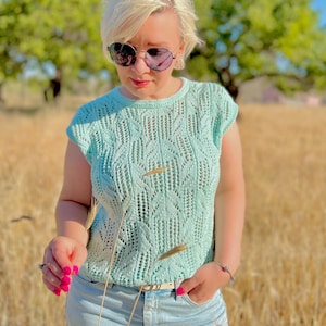 Organic Cotton Sweater, Cotton Short Sleeve Sweater, blue Cotton Woman Pullover, Handmade cotton sweater, summer clothing, gift for friend