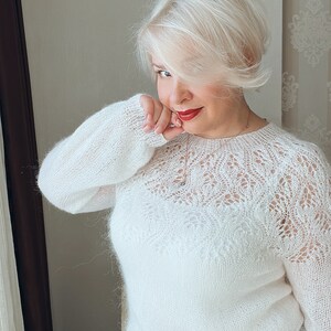 White mohair sweater, Elegant lace Wedding Sweater, Spring Flower Sweater, Feminine White Mohair Knit for Women image 6