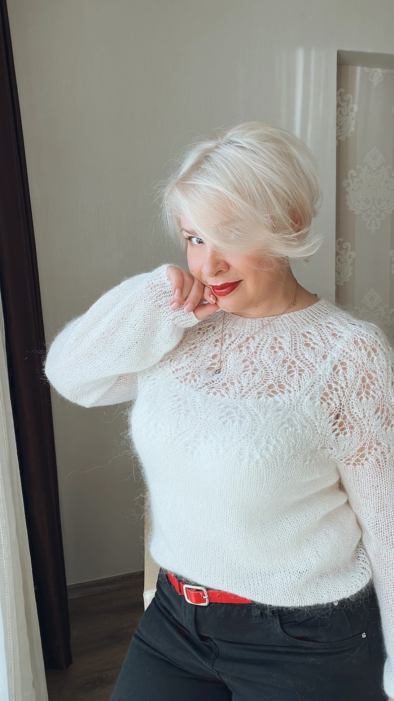 White mohair sweater, Elegant lace Wedding Sweater, Spring Flower Sweater, Feminine White Mohair Knit for Women image 6