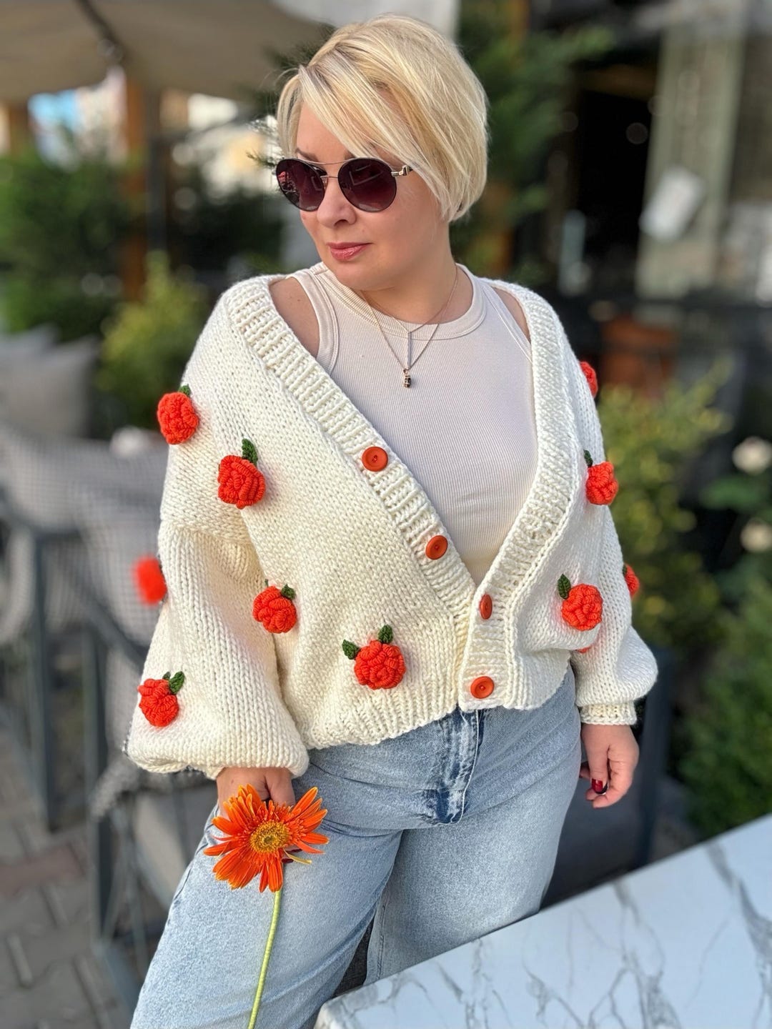 Cropped Cardigan With Orange Roses, Valentine's Day Gift, Knitted