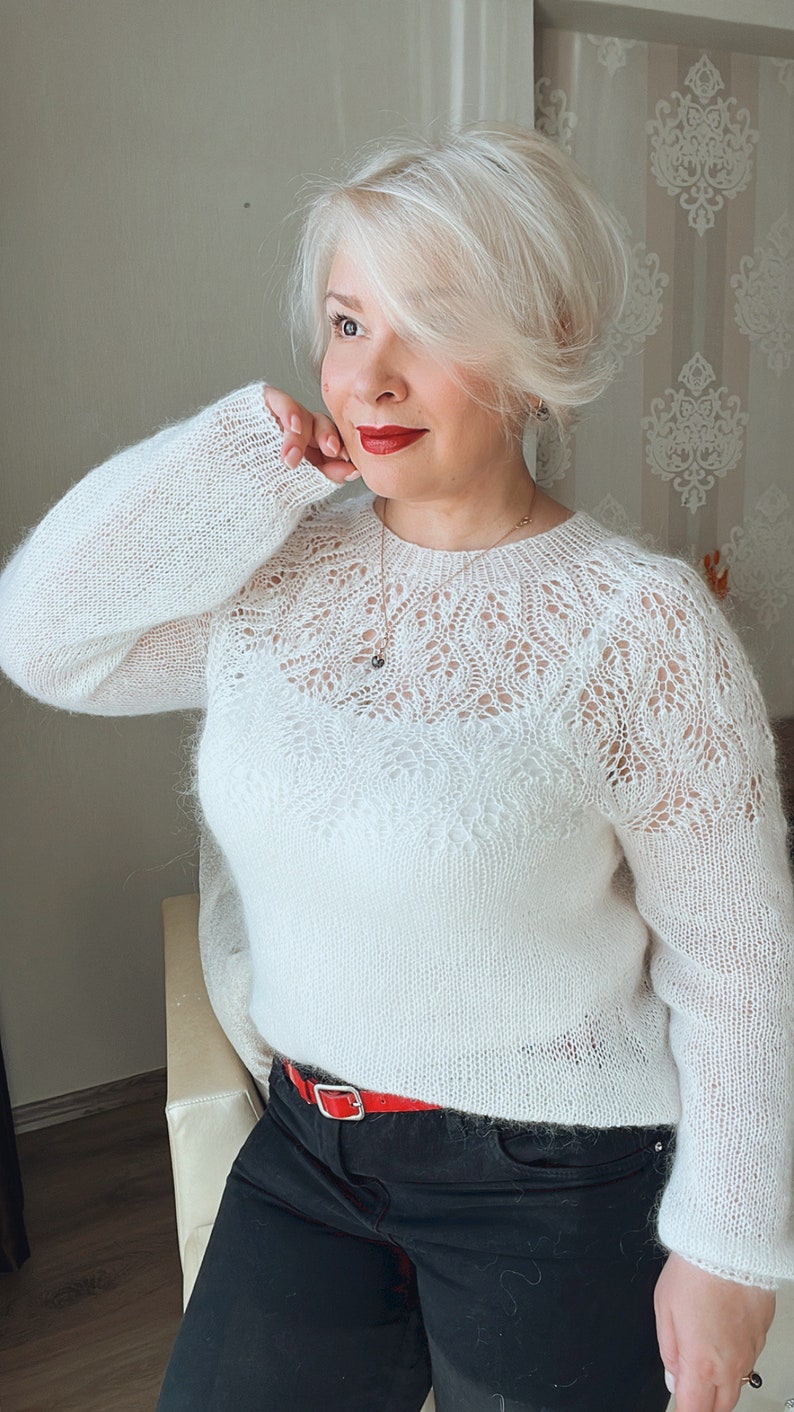 White mohair sweater, Elegant lace Wedding Sweater, Spring Flower Sweater, Feminine White Mohair Knit for Women image 2