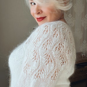 White mohair sweater, Elegant lace Wedding Sweater, Spring Flower Sweater, Feminine White Mohair Knit for Women image 3