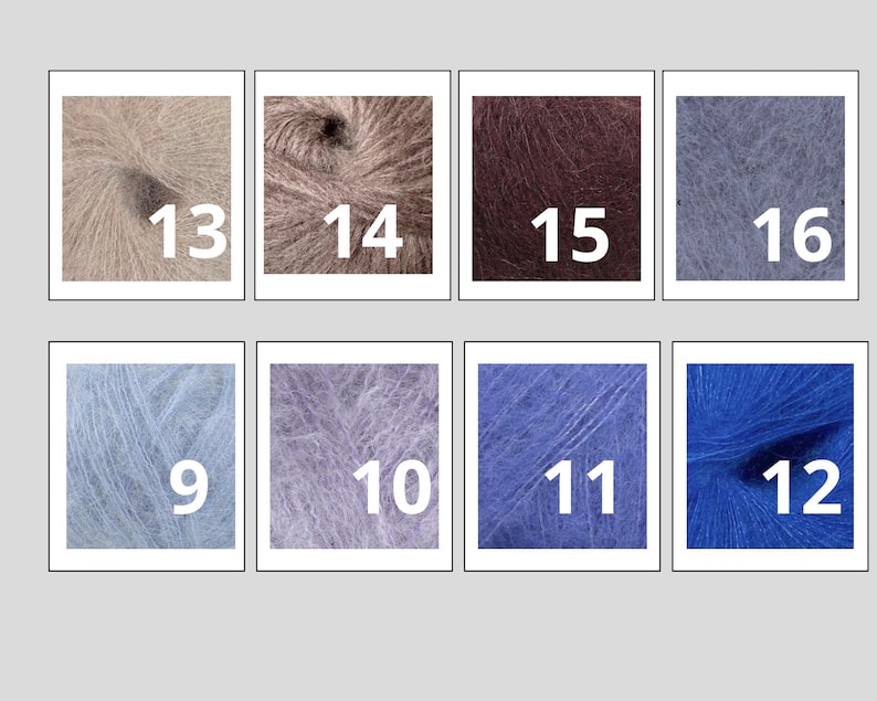 May include: A collection of eight yarn samples in various colors, each labeled with a number. Colors include shades of beige, brown, purple, blue, and gray. The yarn appears soft and fluffy, ideal for knitting or crochet projects.