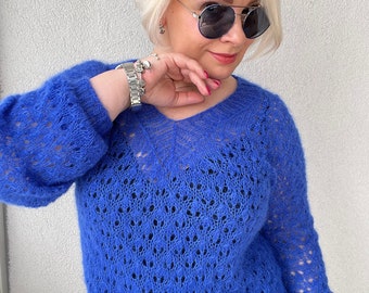 Mohair Sweater, Hand Knitted Sweater v-neck sweater, Blue Sweater Women, Openwork Knitted Sweater, spring summer sweater