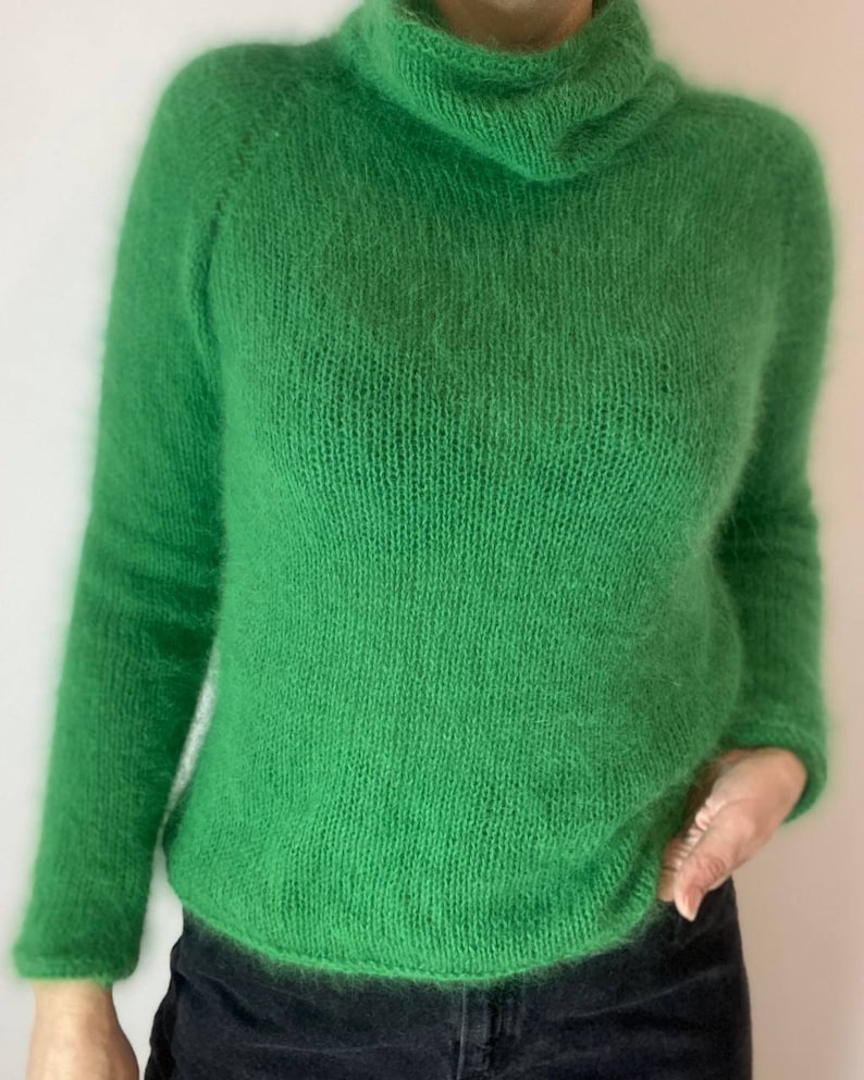 Аngora sweater, Wool turtleneck knit sweater for women, Fall hand knit sweater, Green Fluffy angora sweater, angora wool sweater image 2