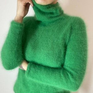 Pull Angora, Pull en tricot à col roulé en laine pour femmes, Pull tricoté à la main d’automne, Pull angora Green Fluffy, Pull en laine angora