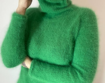 Аngora sweater, Wool turtleneck knit sweater for women, Fall hand knit sweater, Green Fluffy angora sweater, angora wool sweater