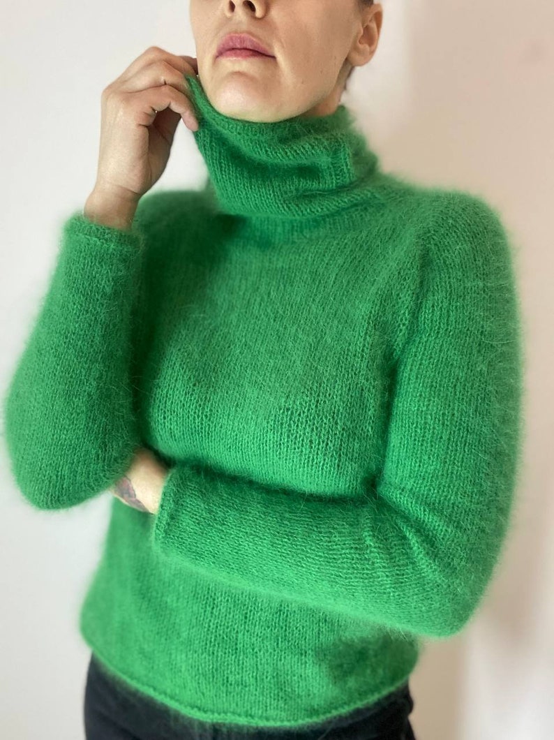 Аngora sweater, Wool turtleneck knit sweater for women, Fall hand knit sweater, Green Fluffy angora sweater, angora wool sweater image 1