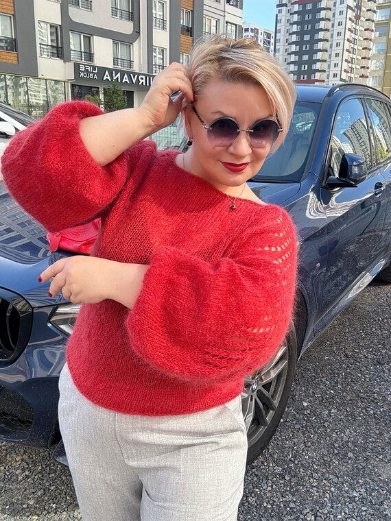 Mohair Grob Gestrickter Oversize Pullover Mohairpullover, Roter