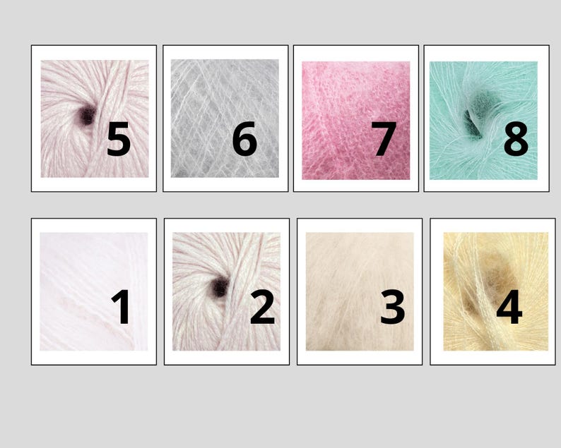 May include: Eight samples of soft, fluffy yarn in various colors, each labeled with a number. Colors include white, light pink, gray, pink, and light yellow. The yarn is tightly wound, showing the texture and fiber of the material.