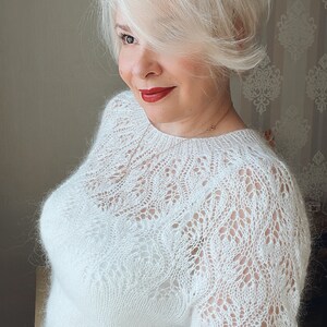 White mohair sweater, Elegant lace Wedding Sweater, Spring Flower Sweater, Feminine White Mohair Knit for Women image 7