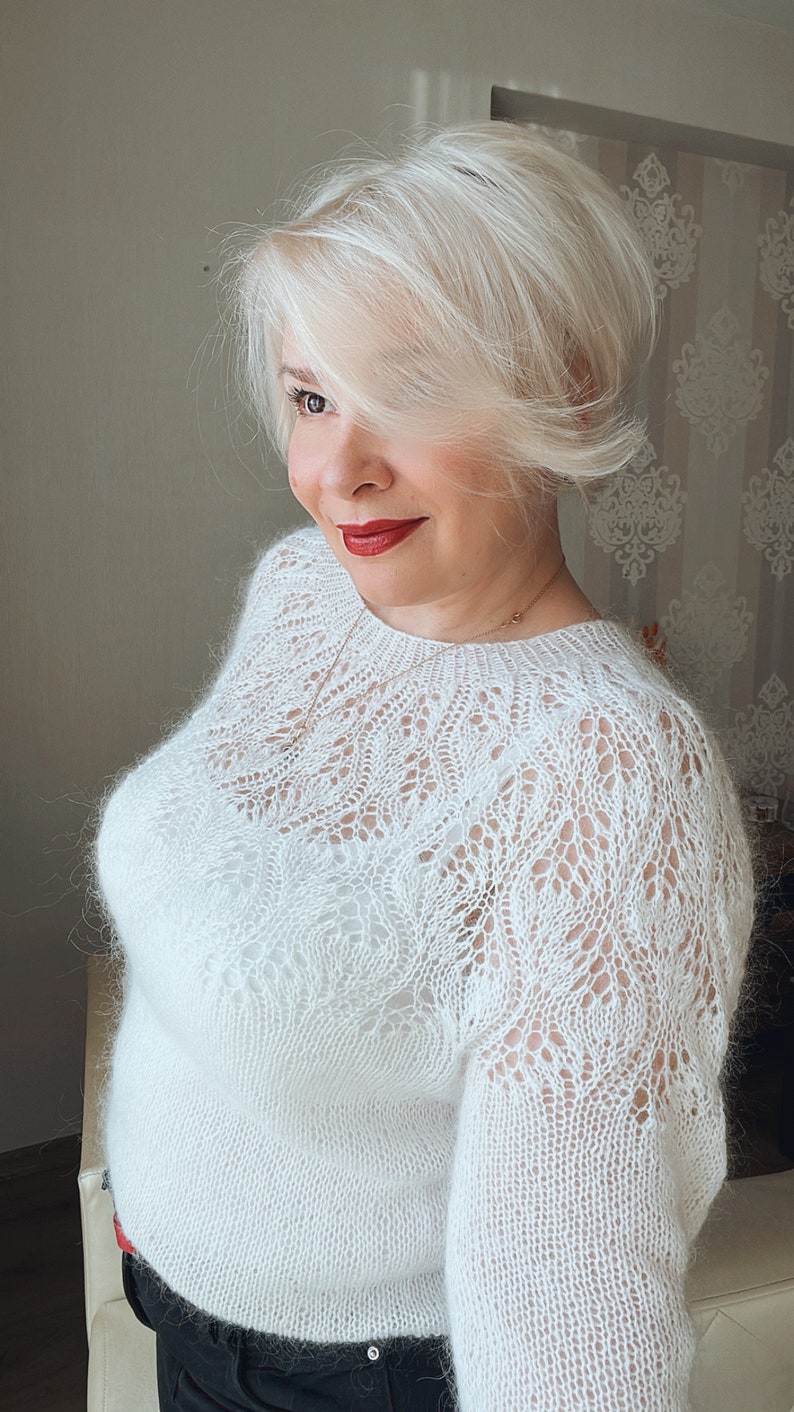 White mohair sweater, Elegant lace Wedding Sweater, Spring Flower Sweater, Feminine White Mohair Knit for Women image 7