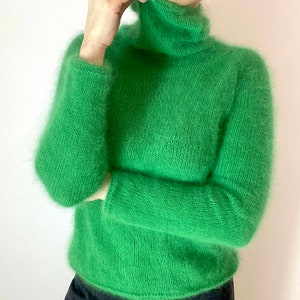 Аngora sweater, Wool turtleneck knit sweater for women, Fall hand knit sweater, Green Fluffy angora sweater, angora wool sweater image 4