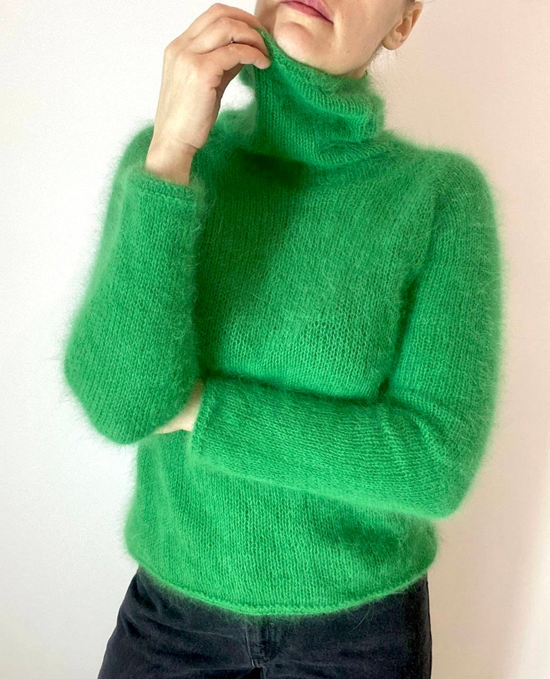 Аngora sweater, Wool turtleneck knit sweater for women, Fall hand knit sweater, Green Fluffy angora sweater, angora wool sweater image 4