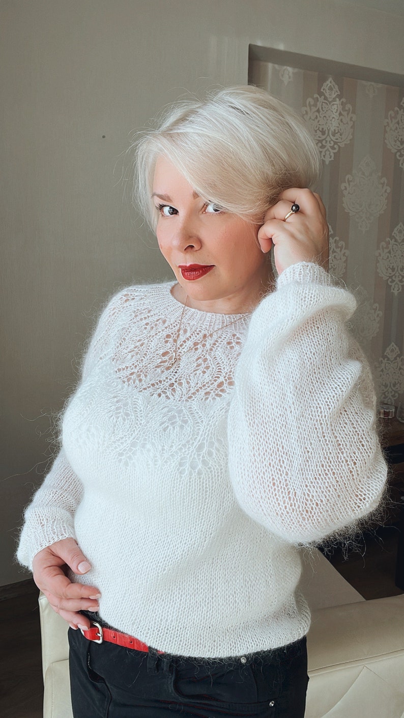 White mohair sweater, Elegant lace Wedding Sweater, Spring Flower Sweater, Feminine White Mohair Knit for Women image 4