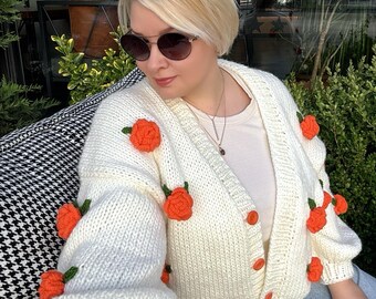 Cropped Cardigan With Orange Roses, Valentine's Day Gift, Knitted