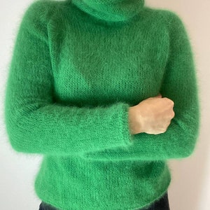 Аngora sweater, Wool turtleneck knit sweater for women, Fall hand knit sweater, Green Fluffy angora sweater, angora wool sweater image 3