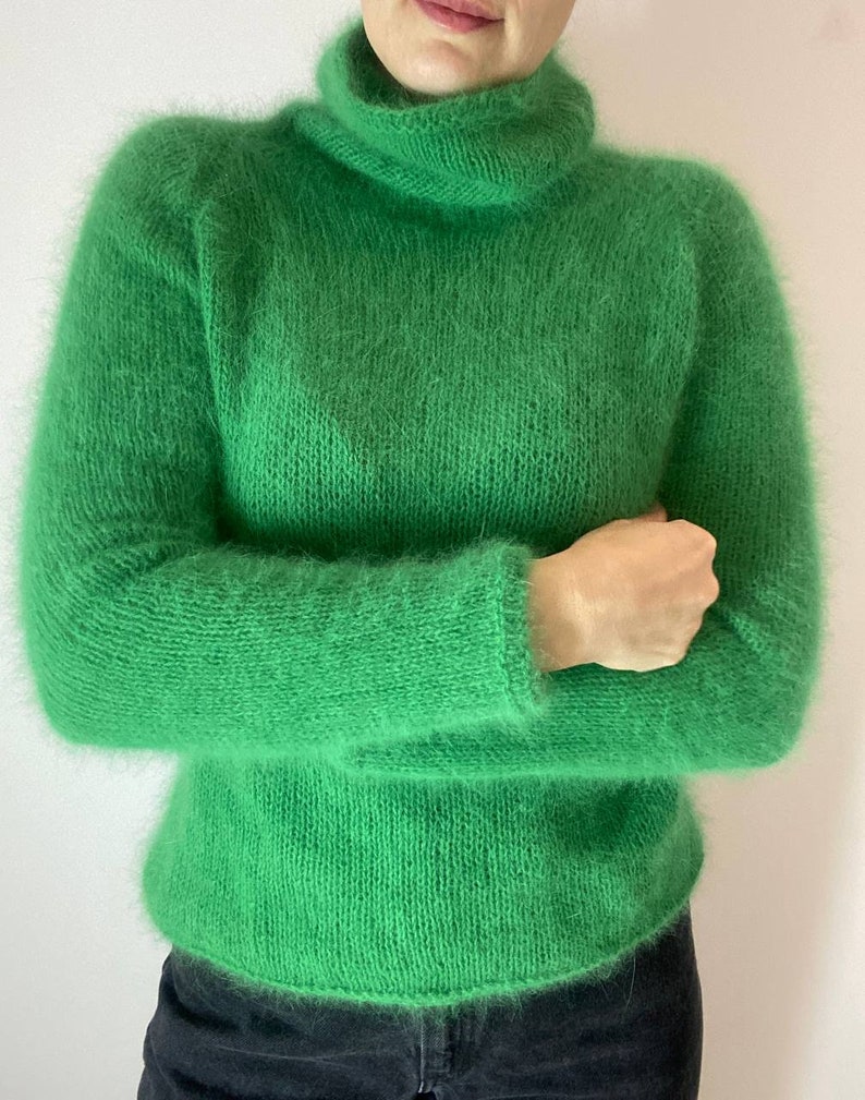 Аngora sweater, Wool turtleneck knit sweater for women, Fall hand knit sweater, Green Fluffy angora sweater, angora wool sweater image 3