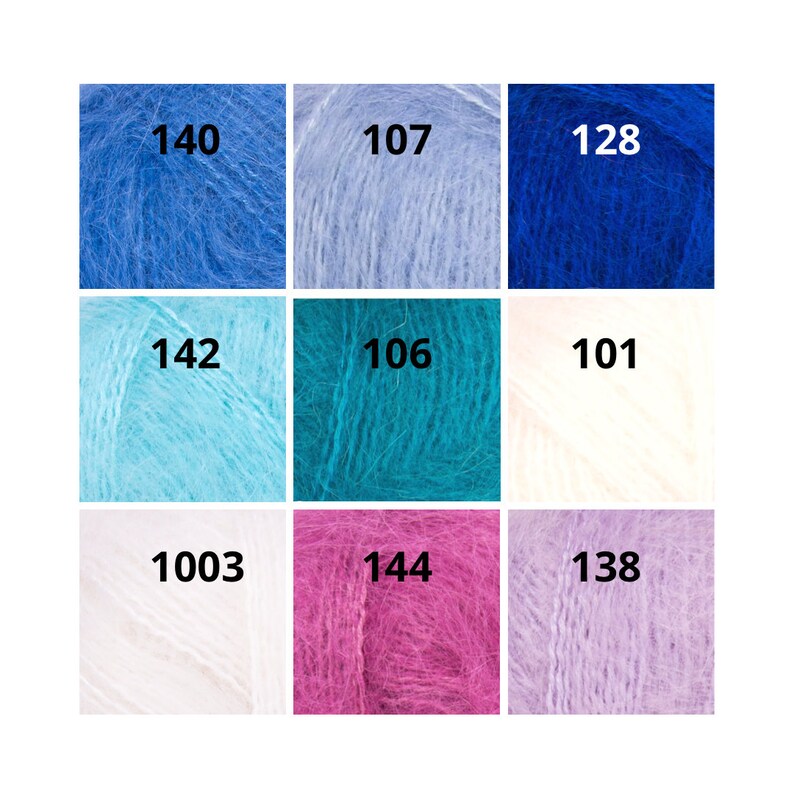 Puede incluir: Nueve cuadrados de hilo de diferentes colores, incluyendo azul, turquesa, blanco, rosa y morado. Cada cuadrado tiene un n&uacute;mero impreso.