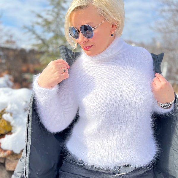 White Angora sweater for women, Fluffy angora womens turtleneck sweater, Angora turtleneck, Oversized cozy sweater, Loose knit sweater