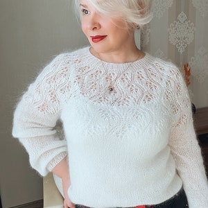 Pull mohair blanc, pull de mariage en dentelle élégante, pull fleur de printemps, tricot mohair blanc féminin pour femmes