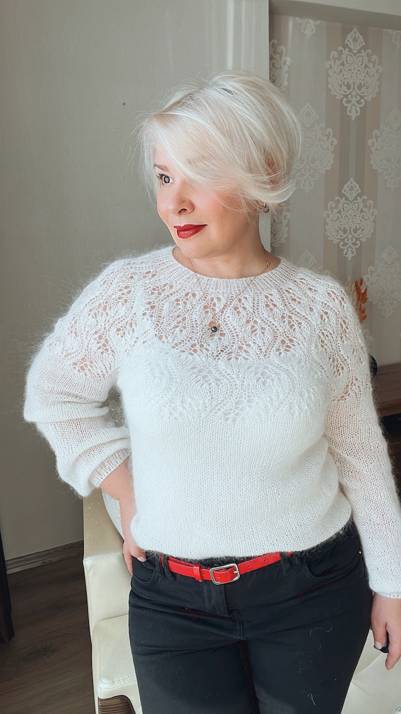 White mohair sweater, Elegant lace Wedding Sweater, Spring Flower Sweater, Feminine White Mohair Knit for Women image 1